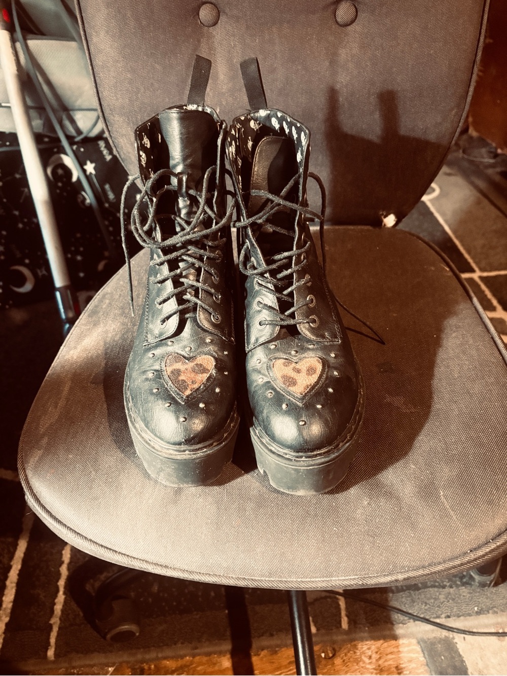 Women's Black Platform Lace-Up Combat Boots with Heart Accent
